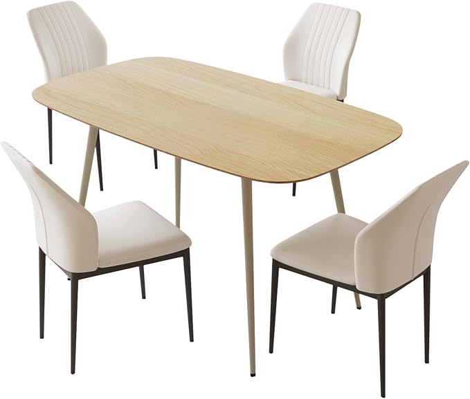 47.2'' Dining Table Set for 4,Modern Wood Dining Table,Leather Dining Chairs 4,Table and Chairs Set of 4,Ideal for Kitchen Dining Room (Cat Scratch Table + 4 White Chairs, 47.2")