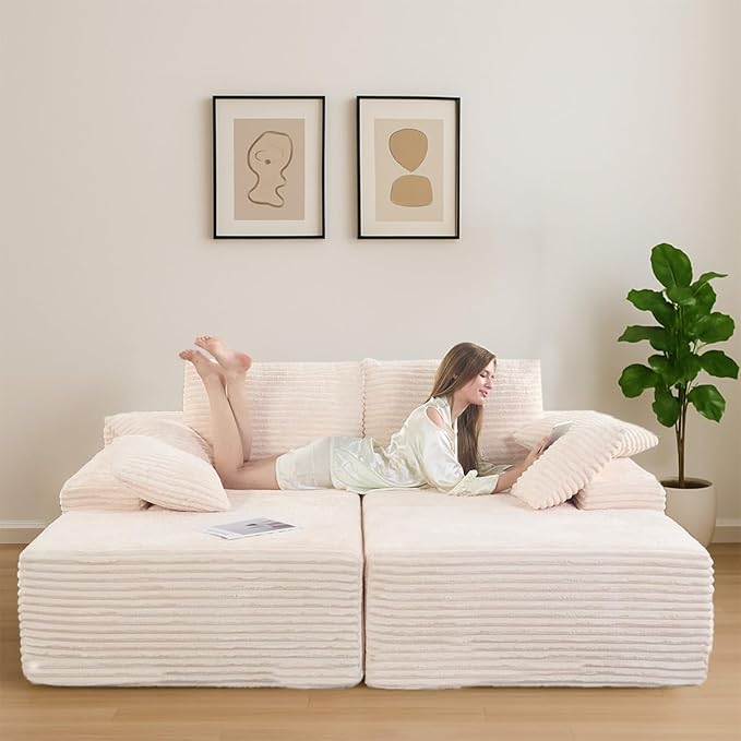 Chaise Lounge Chair, Couches for Living Room, Oversized Upholstered Loveseat Sleeper Indoor, Cloud Sofa Bed Indoor Deep Seat, No Assembly Required Corduroy 2PCS Beige