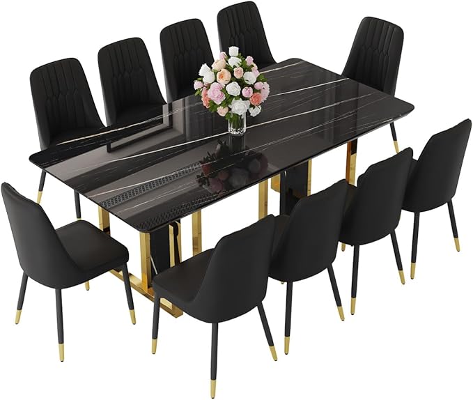 TesNus 79" Black Dining Table Set for 10,Large Faux Marble Top with Gold Metal Base, Rectangular Kitchen Room Set with 10 Black Chairs,Modern Design,Easy Assemble,Stable Base