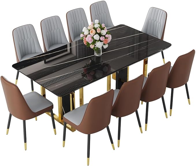 TesNus 79" Black Dining Table Set for 10 with Chairs,Large Faux Marble Kitchen Table and Chairs Set Rectangular 11 Piece Dining Room Set with Gold Metal Legs,Modern Design,Easy Assemble,Stable Base