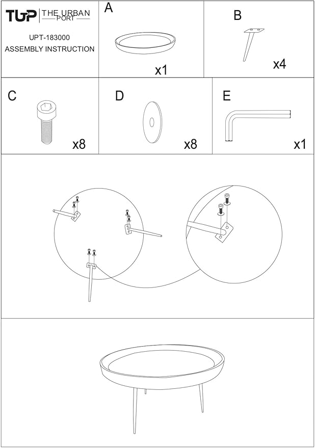 The Urban Port Round Mango Wood Coffee Table with Splayed Metal Legs, Brown and Black, 30 in x 30 in x 16 in