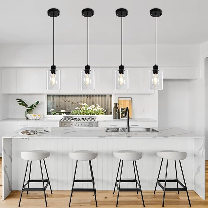 Glass Pendant Lights Kitchen Island 2 Pack, Black Kitchen Pendant Lighting Over Island, Hanging Light Fixtures Modern Pendant Lights for Hallway Entryway Bedroom Dining Room
