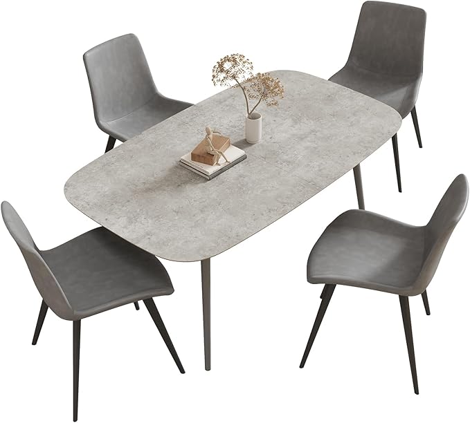 55.1'' Dining Table Set for 4,Modern Wood Dining Table,Leather Dining Chairs 4,Table and Chairs Set of 4,Ideal for Kitchen Dining Room (Gray Table + 4 Gray Chairs, 55.1")