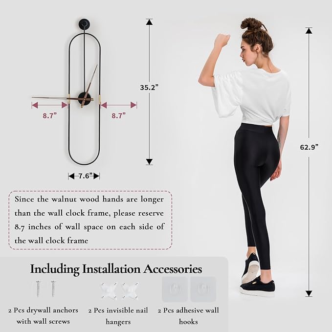 Modern Oval Wall Clock Large Wall Clock with Walnut Pointers for Living Room Home Decor Bedroom Kitchen Office (Oval Black, Large)