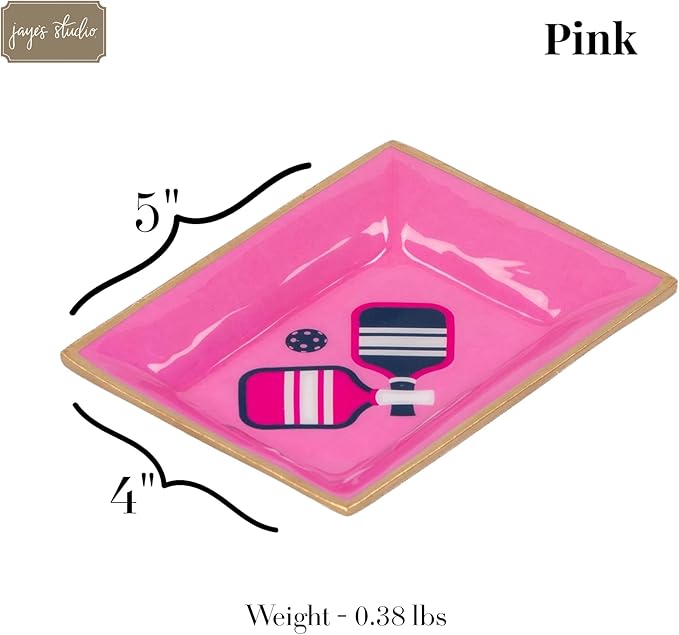 Jayes Studio Pink Pickleball Landry Tray — Handpainted Metal Vanity Tray with Gold Trim Edge, Funny Pickleball Gifts, Small Gold Tray for Bathroom, Dresser, Jewelry Dish, Decorative Trinket Catchall