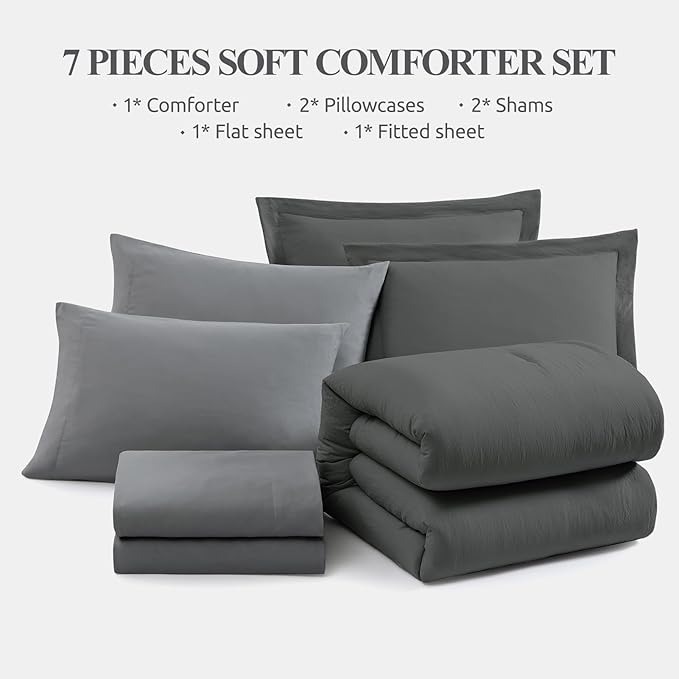 WRENSONGE Queen Comforter Set- 7 Pieces Soft Grey Bed in a Bag with Fitted Sheet, Flat Sheet, 2 Pillow Shams, and 2 Pillowcases- Warm Bedding Sets Queen for All Season