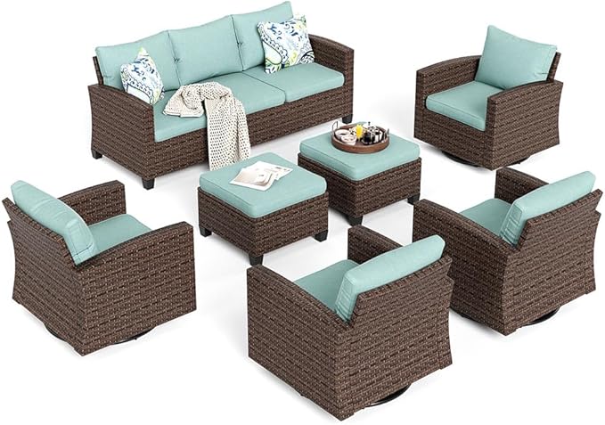 HERA'S HOUSE Outdoor Patio Furniture Set, 7 Pieces Wicker Patio Conversation Sets, Outside Sectional Sofa Set for Lawn Backyard Porch, Brown/Blue