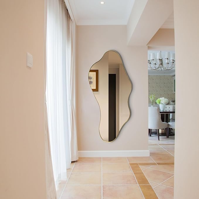 Large Irregular Mirror, Asymmetrical Mirrors Full Length, 55"x25.6" Wavy Shaped Mirror with Metal Frame, Gold Decorative Abstract Mirrors for Living Room Bathroom Bedroom Hallway Entryway