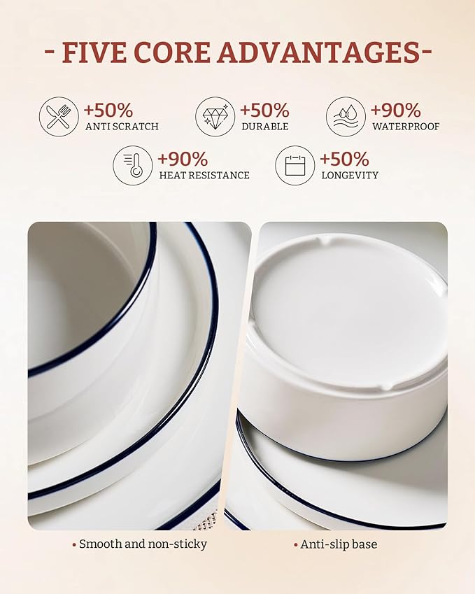 Famiware Porcelain Dinnerware Set, 12-Piece Modern Plate and Bowl Set, Dish Set for 4, Microwave and Dishwasher Safe Tableware, White with Blue Trim