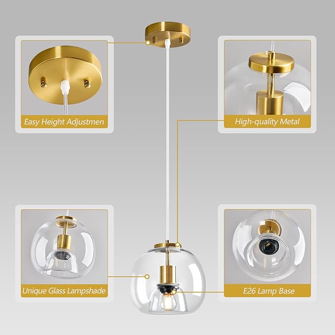 Clear Glass Pendant Lights Kitchen Island 3 Pack 7.87" Glass Globe Pendant Light Gold Hanging Light Fixture Modern Pendant Lighting for Kitchen Island Bedroom Dining Room