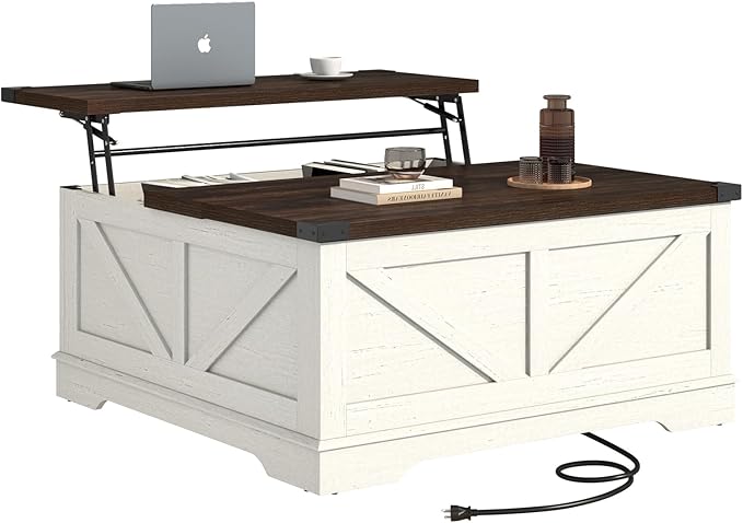 40” Large Farmhouse Lift Top Coffee Table with Power Outlets and Large Hidden Storage, Square Wood Living Room Tables, Multi-Function Lift Wooden Barn Door Center Table, Rustic White