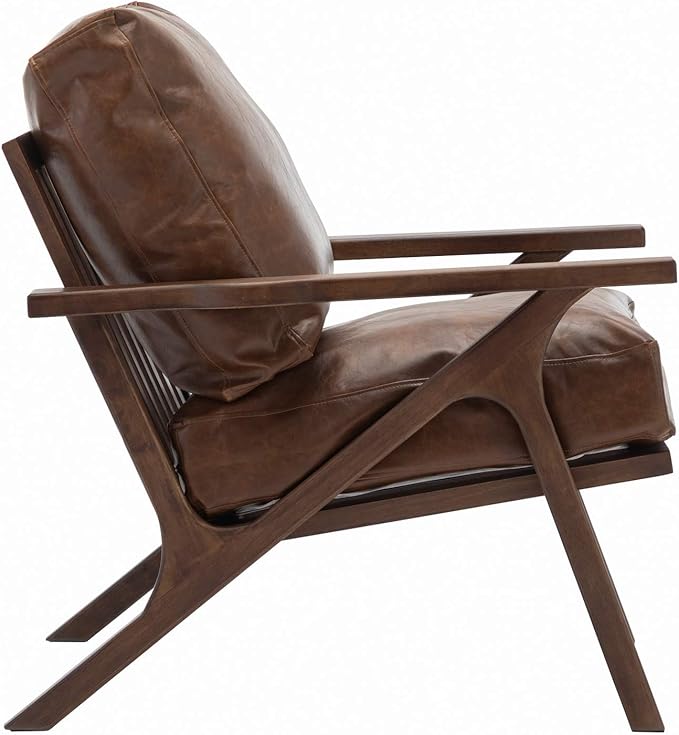 Wahson Brown Leather Accent Chair Mid Century Modern Chair, Retro Upholstered Armchair with Wood Frame and Removable PU Cushions, Large Compfy Leisure Slipper Chair for Living Room/Bedroom