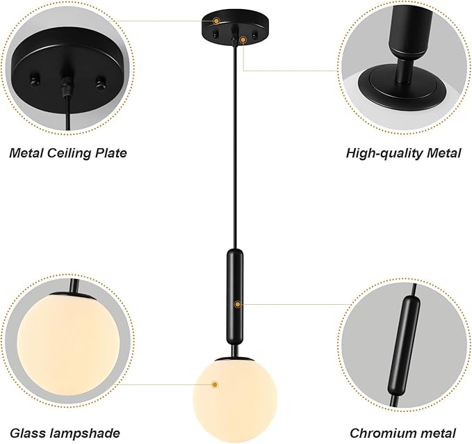 Modern Hanging Light Fixture Pendant Lighting for Kitchen Island Mid Century Black Pendant Lights with Globe Milky White Glass Pendant Light for Bedroom Bathroom Entryway (1 Pack)
