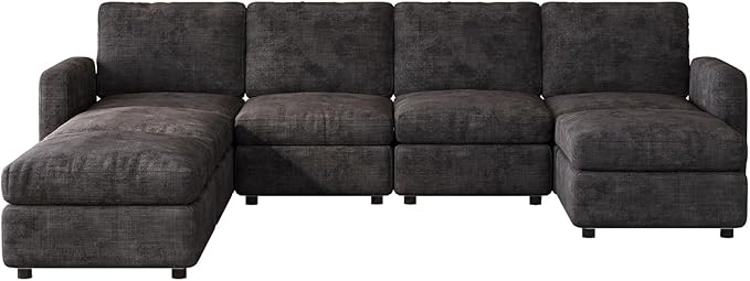 4-Seat Modular Sectional Sofa with 3 Storage Ottomans, Oversized Deep L-Shaped Couch for Living Room, Grey Velvet Family Sofa Set, Modern Apartment Loveseat Sleeper with Extra Comfy Seating