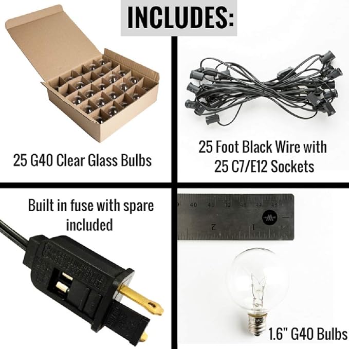 Hometown Evolution, Inc. 25’ G40 Bulb String Lights with Clear Bulbs and Black Wire (+ 1 Free Spare) for Balcony, Canopy, Pergola, Deck, Bedroom, and Patio Lighting!