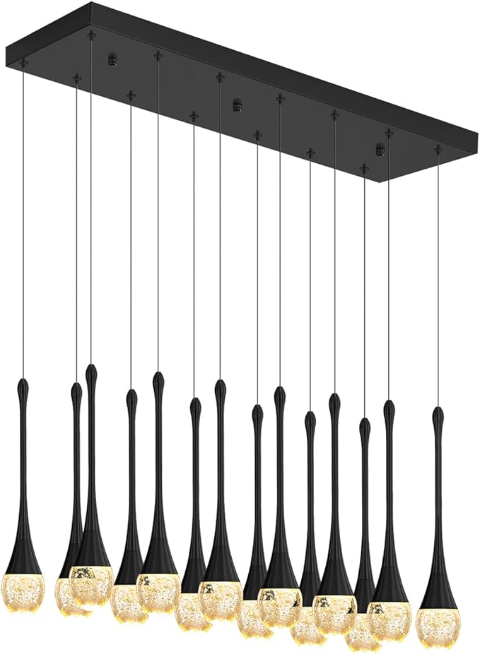 Modern Rectangular Chandelier,14 Lights Black Raindrop Chandelier Lighting,Industrial Linear Pendant Ceiling Light Fixture for Dining Living Room Kitchen Island