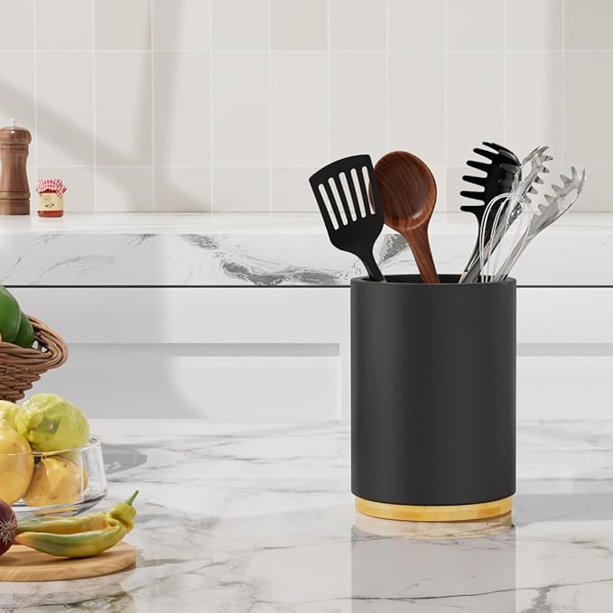 Black Utensil Holder Wood Kitchen Utensil Holder for Countertop, 360°Rotating Cooking Utensil Crock for Counter, 7.2" Large Utensil Organizer for Spatula Kitchen Decor