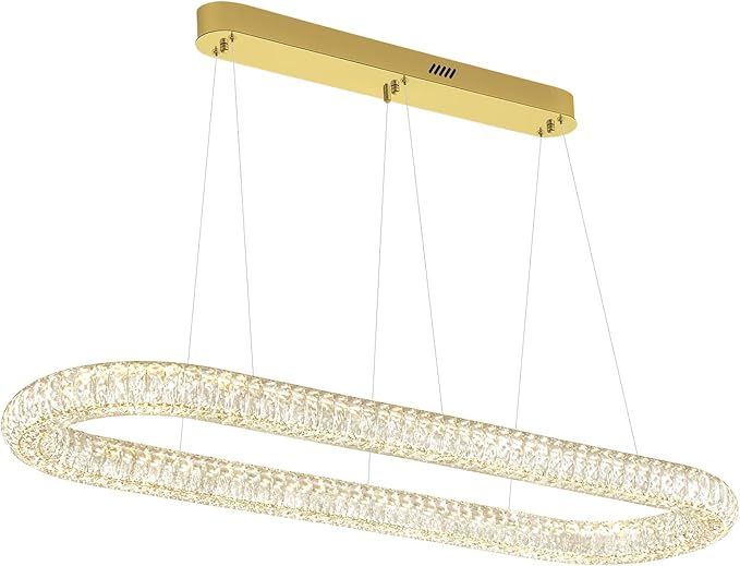 Oval Crystal Chandelier, 47.2'' Gold Crystal Ring Pendant Light for Kitchen Island Modern Linear Oval Chandeliers for Dining Room Dimmable 3000K-6000K