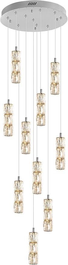 Long Staircase Crystal Pendant Chandeliers 10-Lights Silver Column Crystal Chandeliers Foyer Entrance High Ceiling Hanging Chandelier 2700-6000k Dimmable Fixtures LED Big Chandeliers