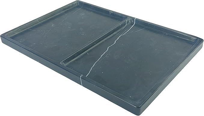 11.81"x7.87" Natural Marble Decorative Tray Countertop Organizer - 2 Compartments Polished Stone Storage Vanity Tray for Bathroom Kitchen Desk, Black White