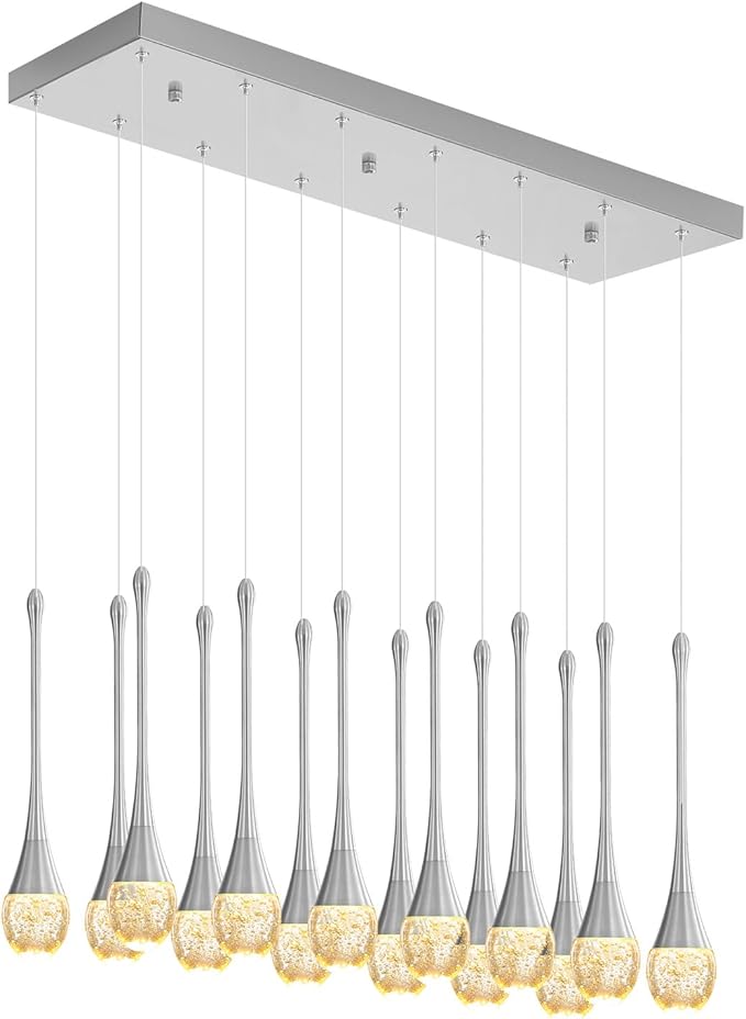 Modern Rectangular Chandelier,14 Lights Silver Raindrop Chandelier Lighting,Industrial Linear Pendant Ceiling Light Fixture for Dining Living Room Kitchen Island