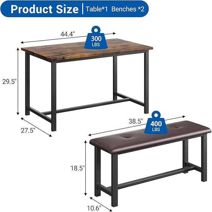GarveeHome Dining Table Set for 4, Kitchen Table with 2 Upholstered Benches, Wood Kitchen Dining Room Set, for Small Space, Apartment, Home, Dinner, Retro Brown