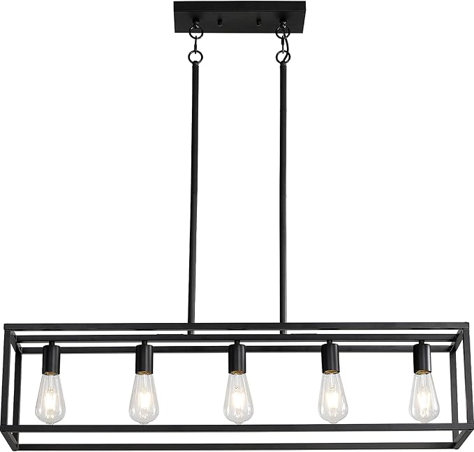 Black Farmhouse Kitchen Island Lighting, Modern Industrial Chandelier, 5-Light Linear Rectangular Pendant Light Fixtures for Farmhouse Kitchen Dining Room Bar Foyer(Metal, Height Adjustable)