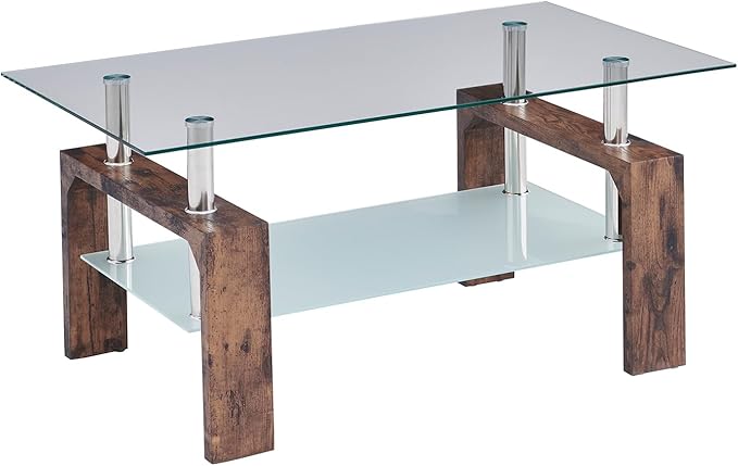 Living Room Rectangle Coffee Table, Tea Table Suitable for Waiting Room, Modern Side Coffee Table with Wooden Leg, Glass Tabletop with Lower Shelf.(Brown)