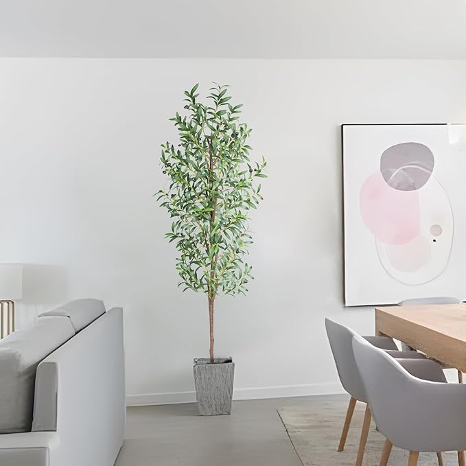 Artificial Olive Tree, 6FT Tall Faux Olive Trees 72in Outdoor Fake Potted Silk Plant with Trunk and Realistic 648 Leaves and 24 Fruits for Modern Office Home Decor Indoor(1pack)