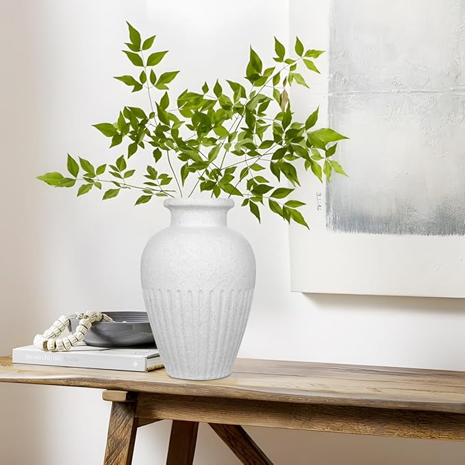 Rustic Ceramic Vase 11 Inch Farmhouse Pottery Clay Vase Distressed Flower Vases for Boho Home Decor Living Room Enterway Shelf Decor Pampas Grass - White