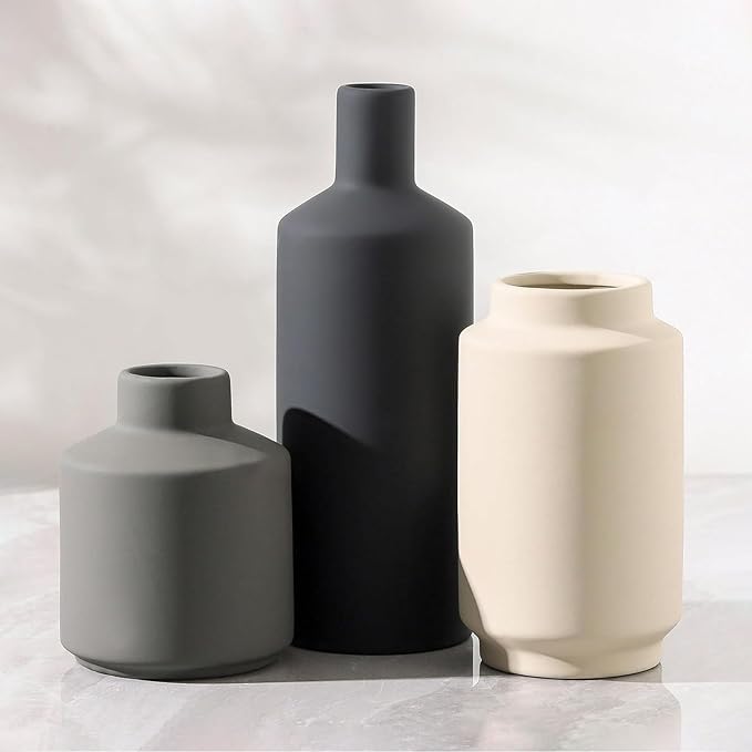 Ceramic Vase Set of 3, Vases Home Decor, Neutral Rustic Modern Farmhouse Decor, Pottery Vases for Pampas Grass Dried Fresh Flowers, Living Room Kitchen Bedroom Bathroom Entryway Mantel Shelf (Beige)