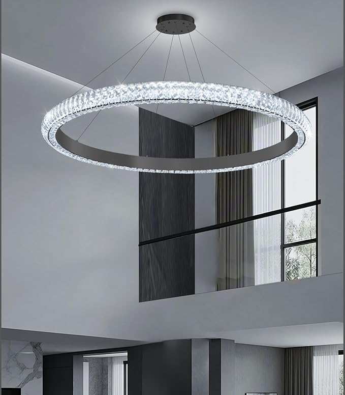 40" 1 Ring Crystal Chandelier Modern LED Dimmable Ring Pendant Light Chandelier for Dining Room Living Room Black