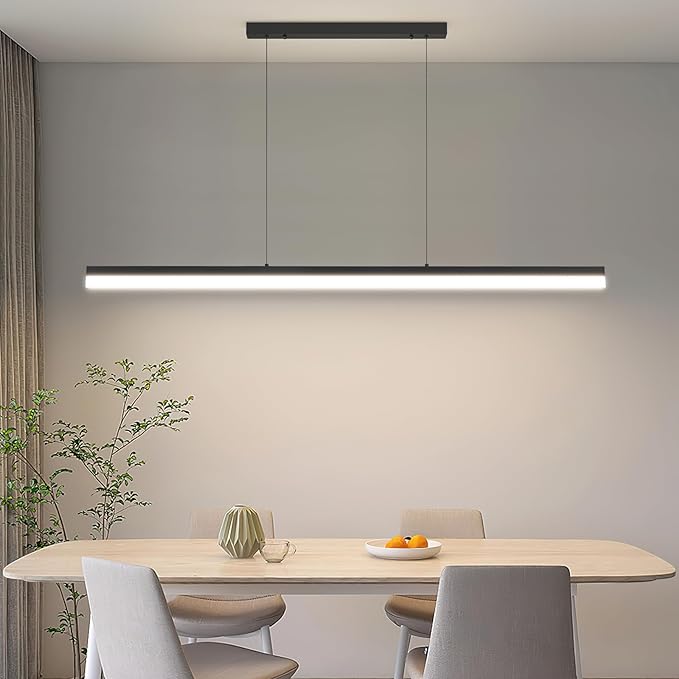 LED Linear Pendant Light Fixtures, Dimmable Island Lights for Kitchen Dining Room Office, 39.3inch Modern Pool Table Light for Billiard Room, Height Adjustable, Black