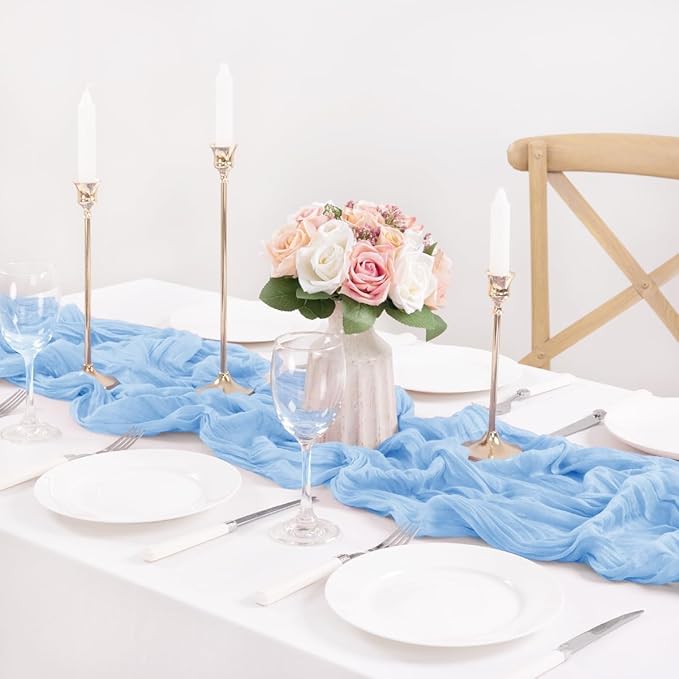 MLMC Light Blue Table Runner Baby Blue Cheesecloth Table Runner 10ft Baby Shower Decorations Rustic Gauze Fall Cheese Cloth Centerpiece 35x120 Inches for Gender Reveal Birthday Party Wedding Decor
