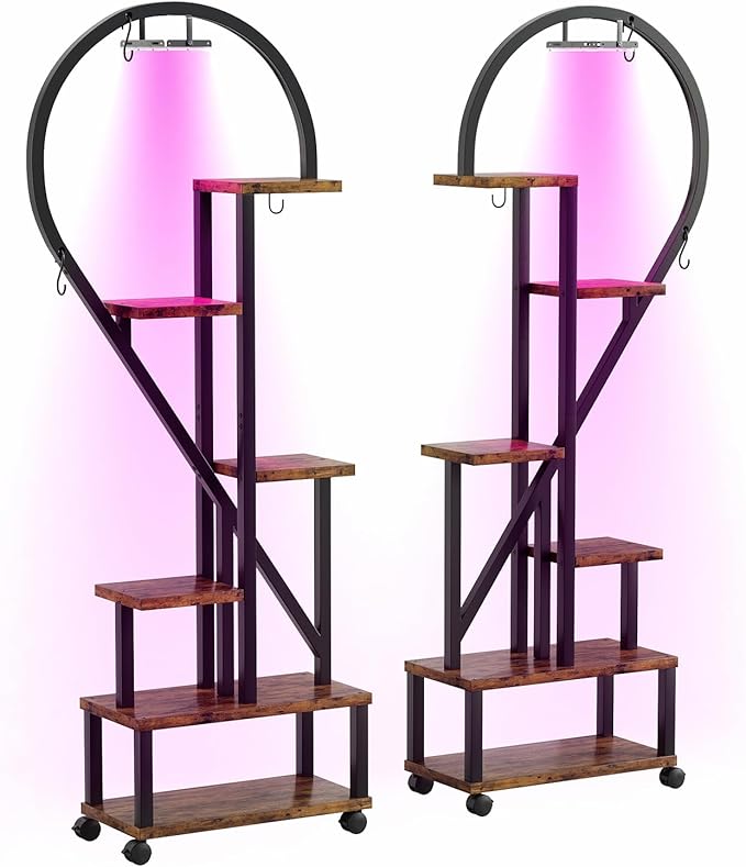 Bestier Plant Stand Indoor with Grow Lights, 6 Tiered Metal Plant Shelf for Indoor Plants Multiple, Half Heart Shape Plant Rack with Wheels, Large Brown Plant Holder for Home Patio Balcony (2 Pack)