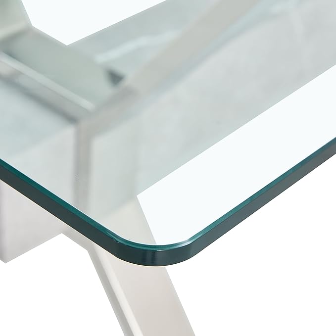 79" Glass Dining Table, Modern Kitchen Table, Modern Dining Table Set for 6, 0.5" Thick Tempered Glass Tabletop with Silver Chrome Metal Legs and Grey Crossbar, Ideal for Dining Room, Kitchen
