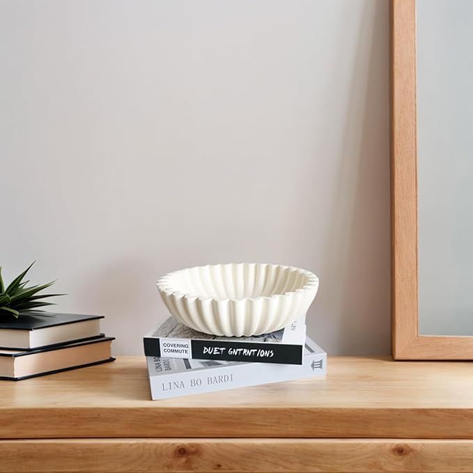 Decorative Bowl for Home Decor - White Large Decorative Fruit Bowls for Coffee Table - Scalloped Ruffle Centerpiece key Bowl for Entry Table - Morden Round 10" Aesthetic Decor