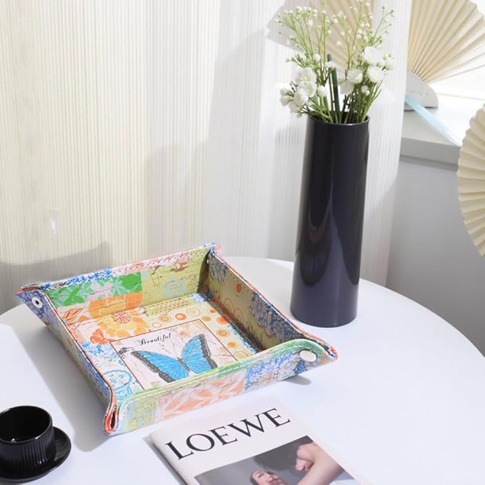 Decorative Valet Tray Organizer for Keys, Makeup Brush Holder, Jewelry Tray Dish,Cute Bowl Trinket Tray,New Home Gifts for Women,Catchall Bedside Nightstand Caddy Holder (Butterfly Pattern)