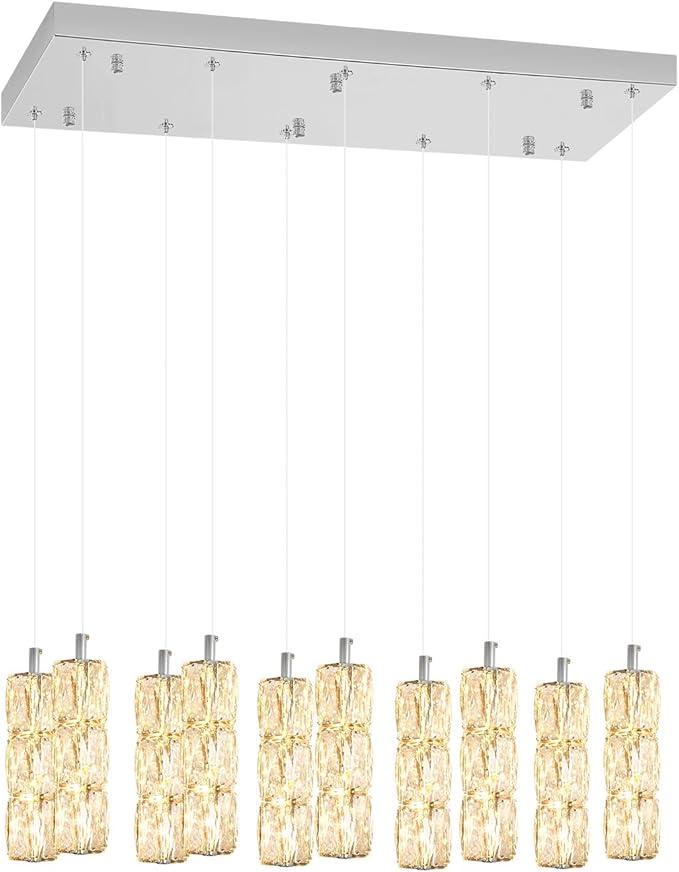 Modern Chandelier, Rectangular Crystal Chandelier Flush Mount Pendant Lighting Chrome Ceiling Light Fixture for Dining, Living Room, Kitchen Island, Bedroom
