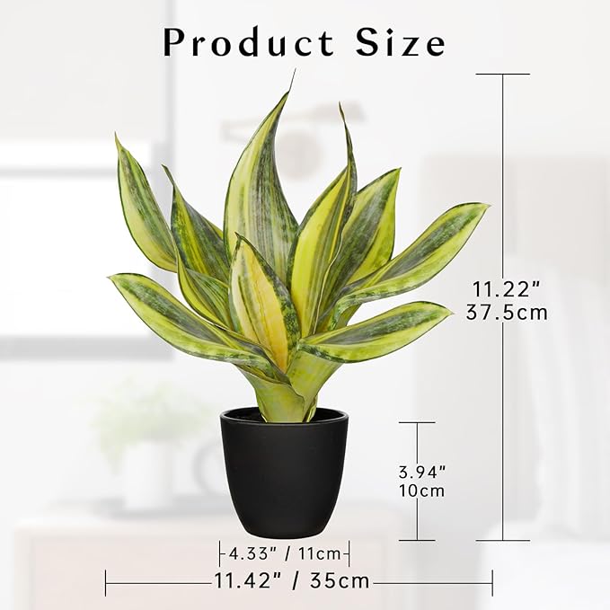 Fake Plant 11.22 Inch Fake Snake Plant Artificial Plants Indoor Sansevieria Faux Plants with Black Pot Artificial Snake Plant for Living Room Bathroom Office Table Centerpieces Shelf Home Decor