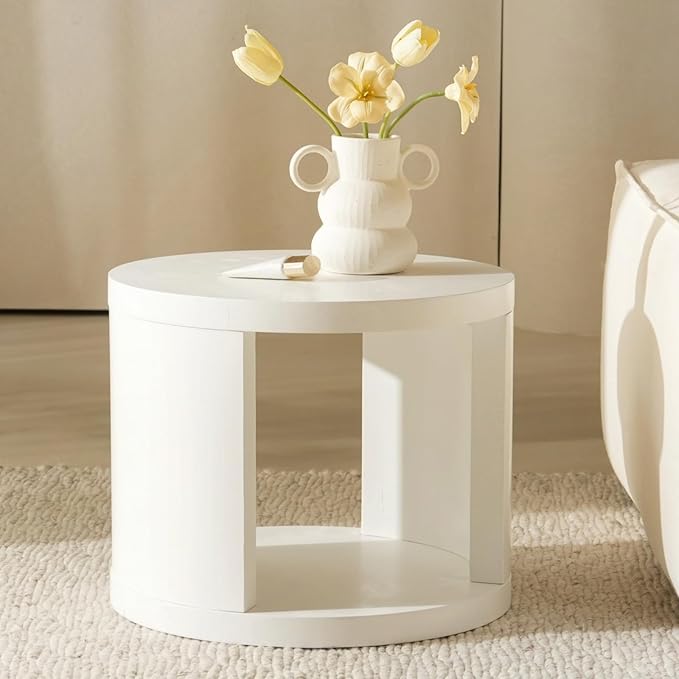 Round Nesting Coffee Table Set of 2,31.5" Large & 18" Small Low Tables with Wood Look Top,Space-Saving Side Tables for Living Room,Bedroom,Office,Minimalist Center Table Set (White, L+S)