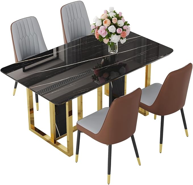 TesNus 63" Black Dining Table Set for 4 with Chairs,Modern Faux Marble Rectangular Kitchen Table and Chairs Set Luxury 5 Piece Dining Room Set with Gold Metal Legs,Easy Assemble,Stable Base