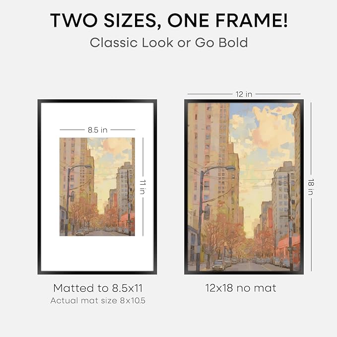 Homeforia 12x18 Picture Frame Black, High End Metal 12x18 Poster Frames with Mat 8.5x11 Photo, 12 x 18 Black Frames Matted to 8.5 by 11 inch Print, 18x12 Thin Frame, Tempered Glass, Wall Kit, Set of 3