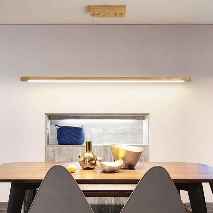 Wooden Linear Pendant Light, 47" Dimmable Pool Table Island Lights for Kitchen, LED Ceiling Pendant Lamp for Dining Room Billiard Room, Adjustable Height,Natural Ash