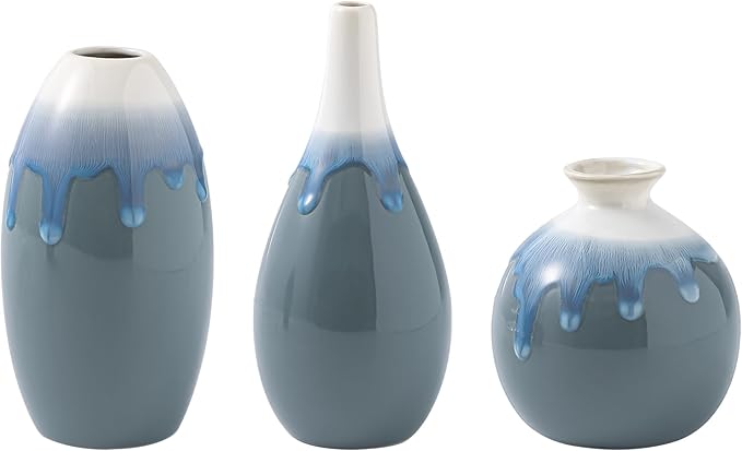 Ceramic Vase Set of 3, Farmhouse Decor, Home Decorative Vases for Kitchen, Bedroom, Office, Living Room, Bathroom, Shelf Centerpiece Table, Terracotta Pottery Vases Set Gift Blue