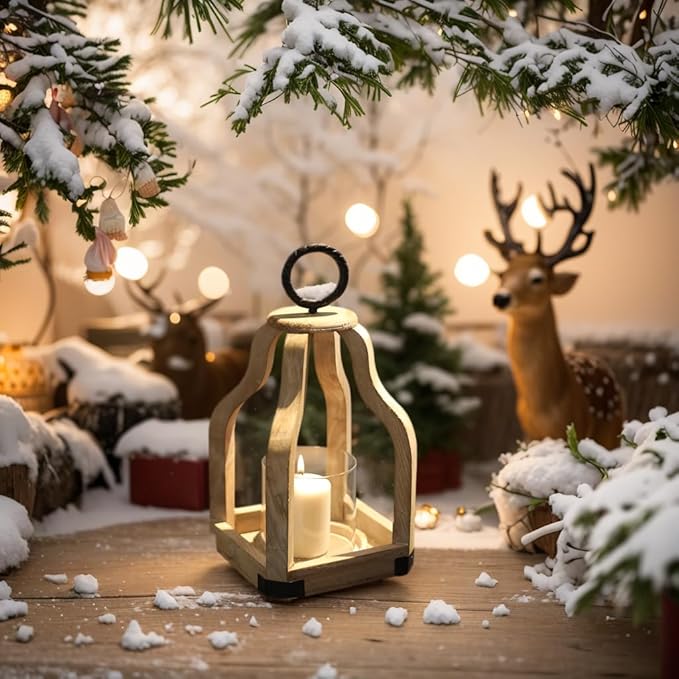 SWALLOWLIVING 13" Rustic Farmhouse Wood Candle Hurricane Lantern with Glass Candlestick Holder for Patio, Table Centerpiece, White Washed