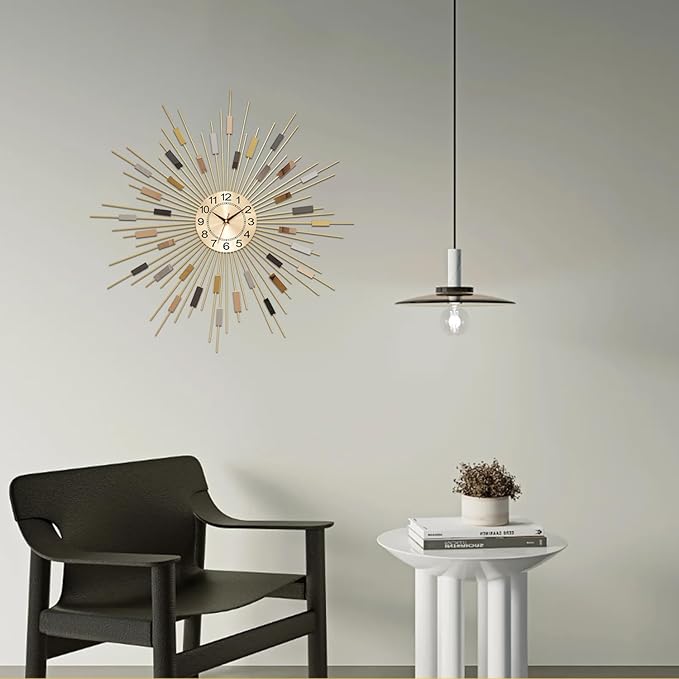Wall Clock 23.6 Inch Large - Gold Starburst Sunburst Design, Mid Century Modern Metal Battery Operated Silent Decorative Clock for Living Room Bedroom Office