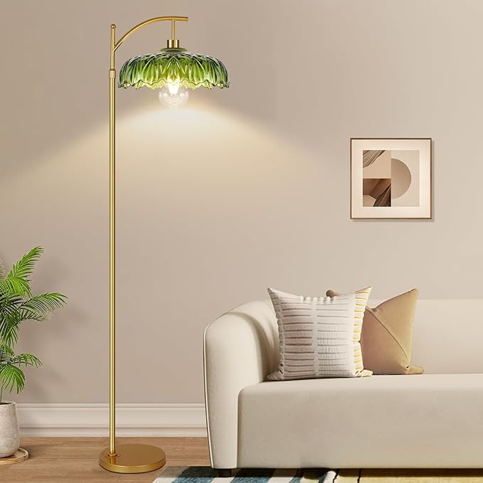 Glass Floor Lamp for Living Room,Bedroom,Gold Standing Lamp with Remote,Dimmable Brass Mid Century Modern Tall Lamp Vintage Retro Green Floor Lamps Boho Flower Floor Light Arc Bohemian