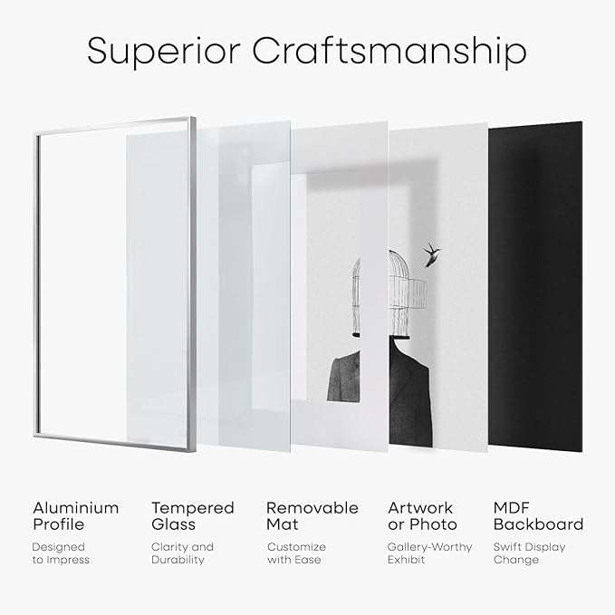 Homeforia 12x12 Silver Frame, High End Metal 12 x 12 Square Picture Frame with Mat 10 x 10 Photo, 12x12 Poster Frames Matted to 10x10 Print, 12 by 12 Hanging Frames, Tempered Glass, Wall Kit, Set of 3