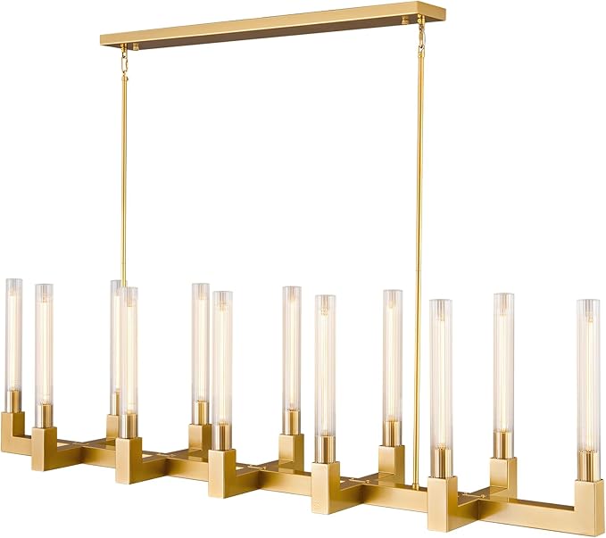 68-Inch 12-Light Gold Modern Chandelier with Knurled Glass Tube Shades, Rectangular Luxury Ceiling Pendant Light Fixture for Dining Room, Living Room, or Foyer.